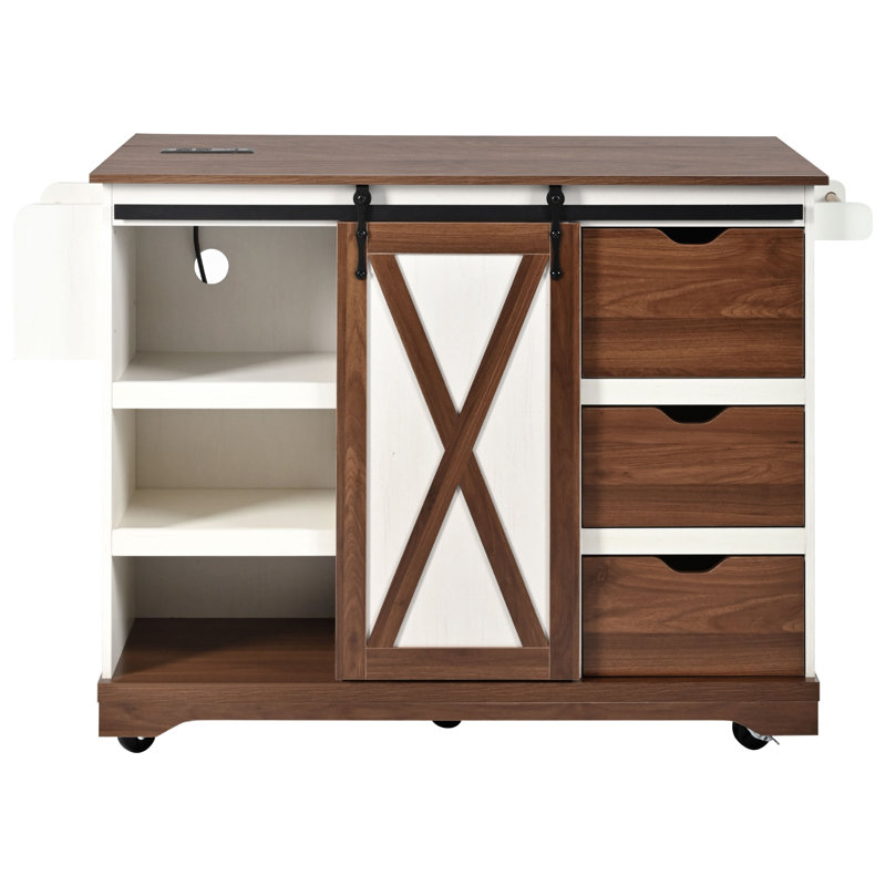 55.5" Farmhouse Kitchen Island With Electrical Outlet, Folding Leaf, Spice Rack And Drawers, Rolling Kitchen Cart With Barn Door, Rustic Storage Island For Home And Dining Room