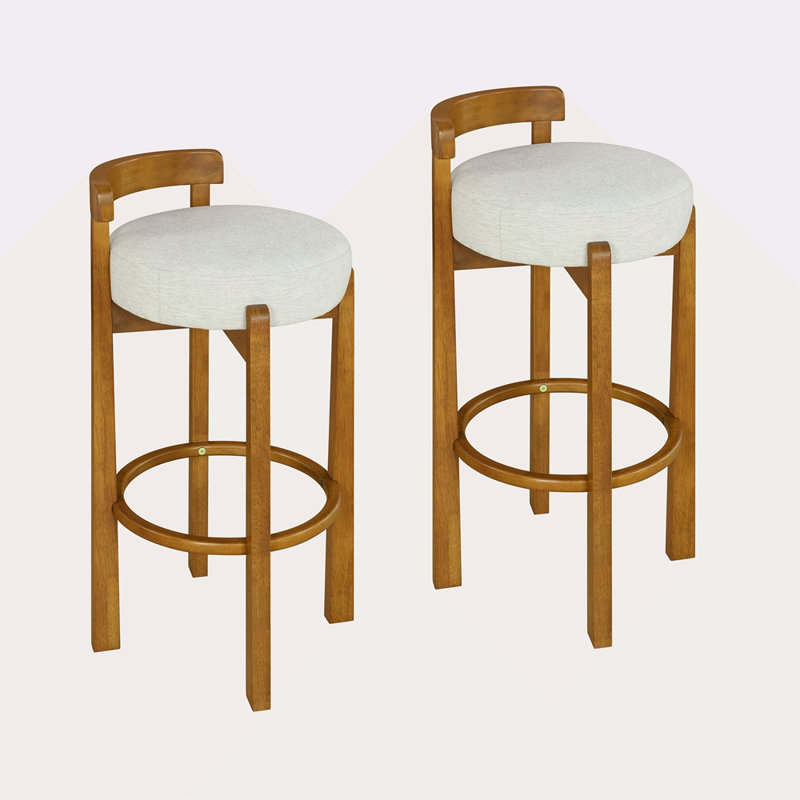 Tabouret de bar d'intérieur à dossier bas en bois, finition noyer et revêtement, ensemble de 2, Ivoire ivoire