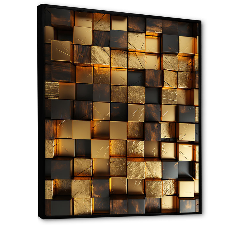 Or abstrait, cubes I - art mural géométrique, Cadre flottant noir, H 32 po x l 24 po x P 1 po