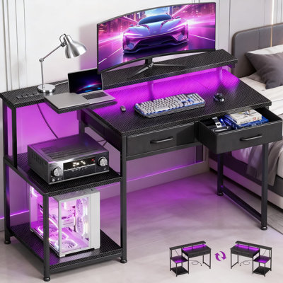 LED Gaming Desk With Built-In Power Outlet, 48 Inch Computer Desk With Adjustable Storage Shelf And Drawers, Carbon Fiber Surface Office Desk With Mon by Wrought Studio