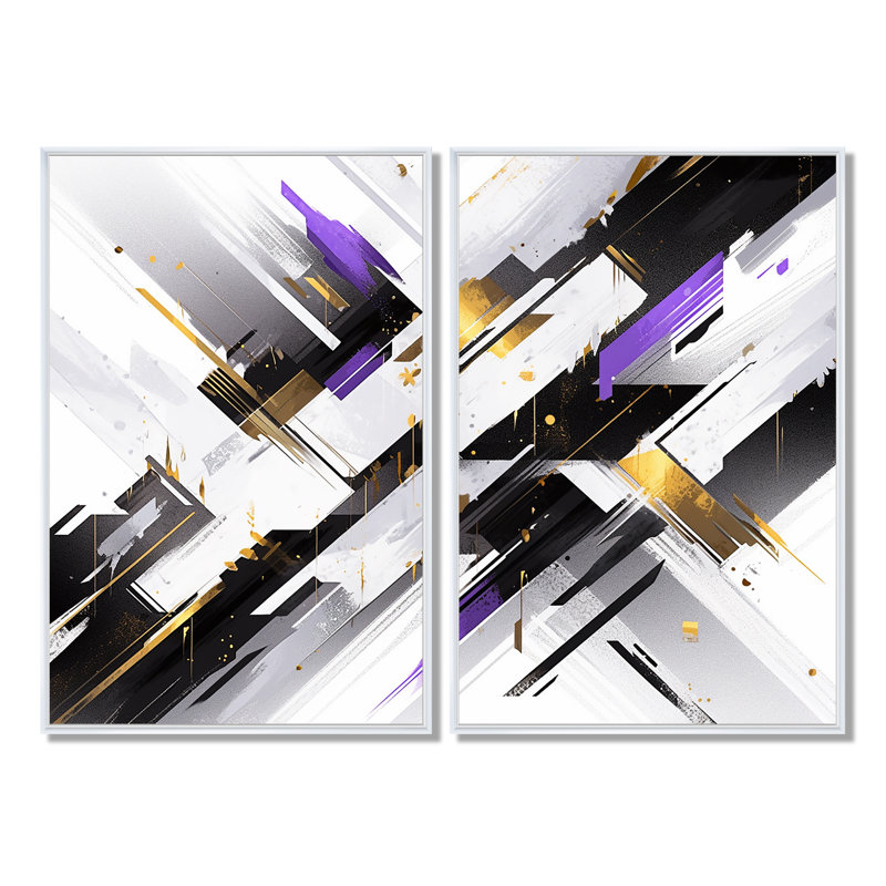 Mauve noir à rayures audacieuses - art mural moderne doré 2 panneaux, 36" H x 48" W, Impression encadrée flottante, White