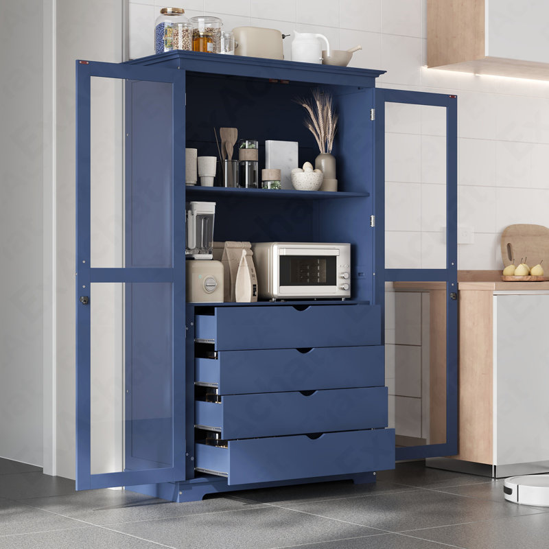 Armoire de cuisine 44,7 x 20 x 75 po - Présentoir de porte en verre autoportant avec 4 tiroirs intégrés, Bleu
