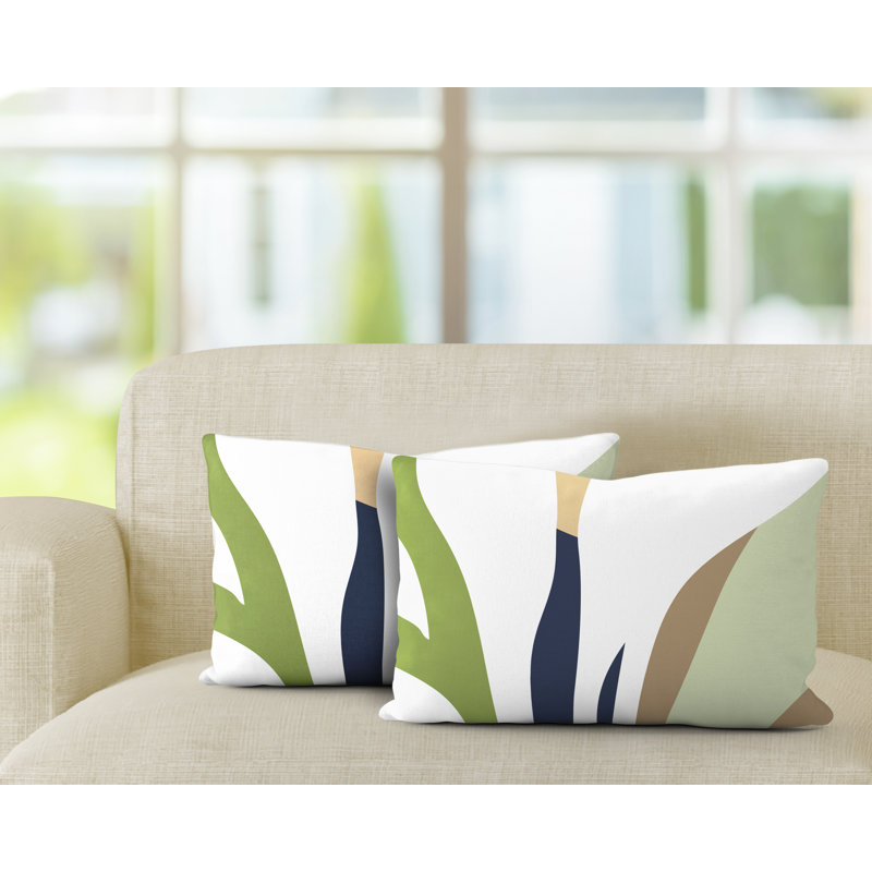 Polyester Lumbar Rectangular Indoor/Outdoor Pillow Cover & Insert, Chartreuse/Navy Blue/Beige