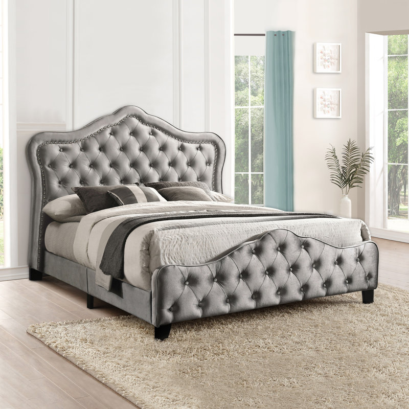 Upholstered Tufted Panel Bed With Nailheads In Grey, California King, Dark Gray