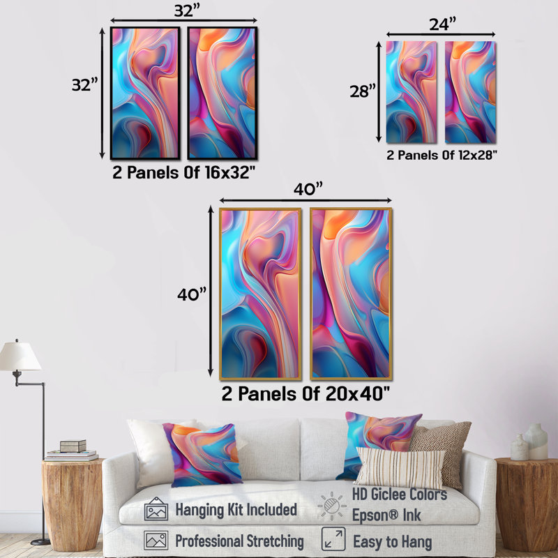 Ensemble de 2 décorations murales abstraites modernes transitionnelles roses et bleues I, H 32 po x l 33 po
