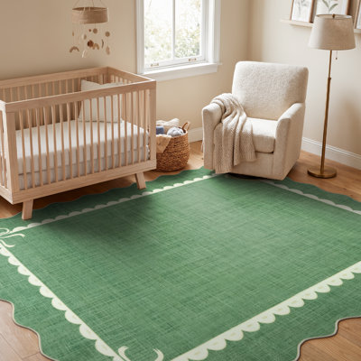 Tapis vert vintage à bordure ondulée festonnée, lavable et antidérapant, idéal pour le salon, la chambre ou la chambre d'enfant.