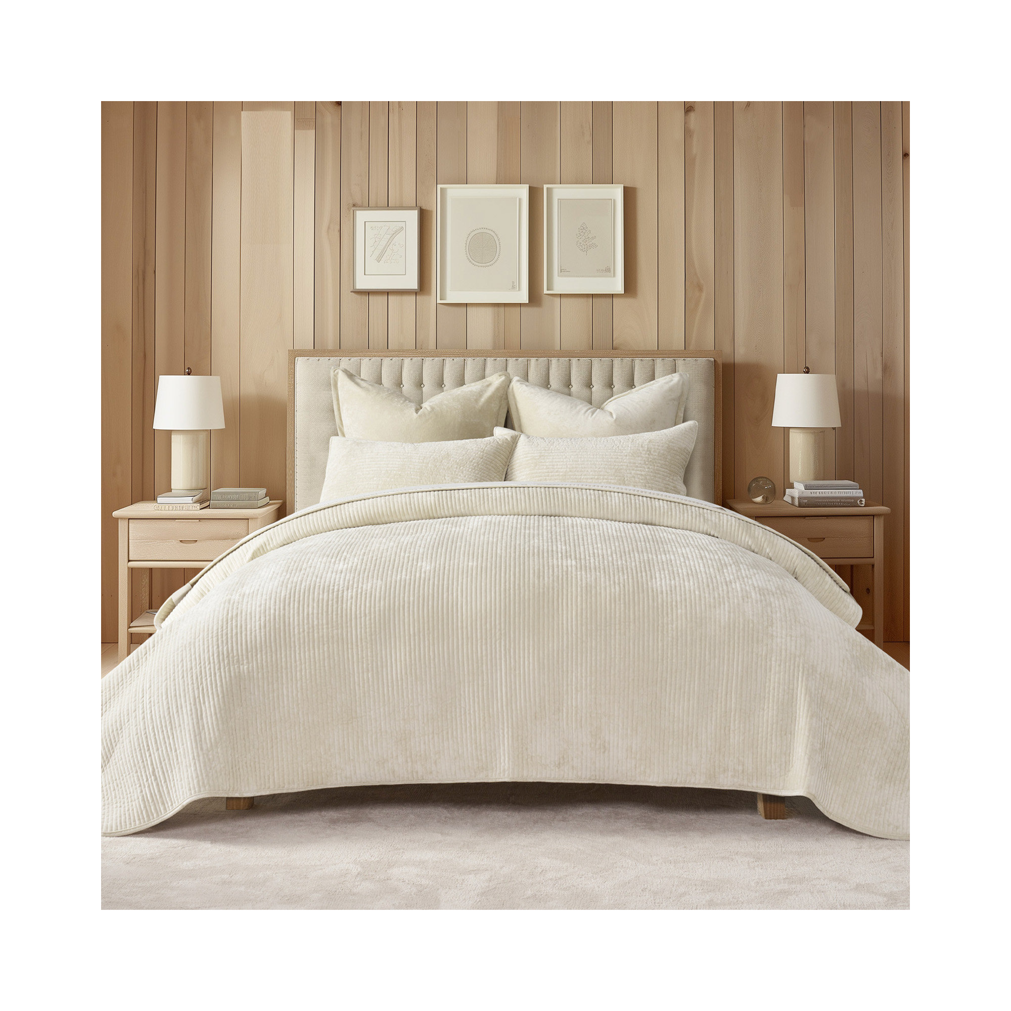 Striped Channel Velvet Quilt Set, Light Sand, King