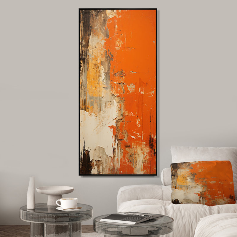 Orange abstrait, art chaos de feu II - art mural abstrait, Cadre flottant noir, H 60 po x l 28 po x P 1,5 po