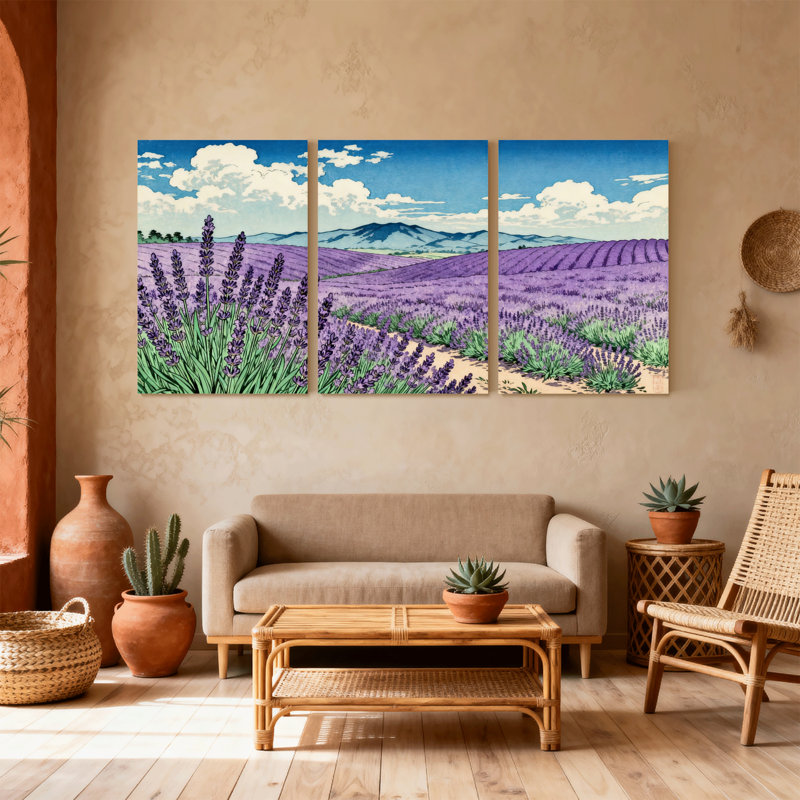 Lavande champ ciel montagnes réflexion chemin verdure ensemble de 3 impressions d'art sur toile, H 36 po x l 72 po
