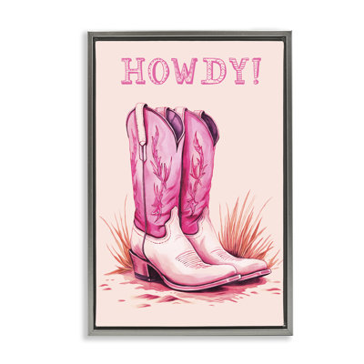 Pink Cowgirl Boots Howdy Framed Floater Canvas by Andrea Haase