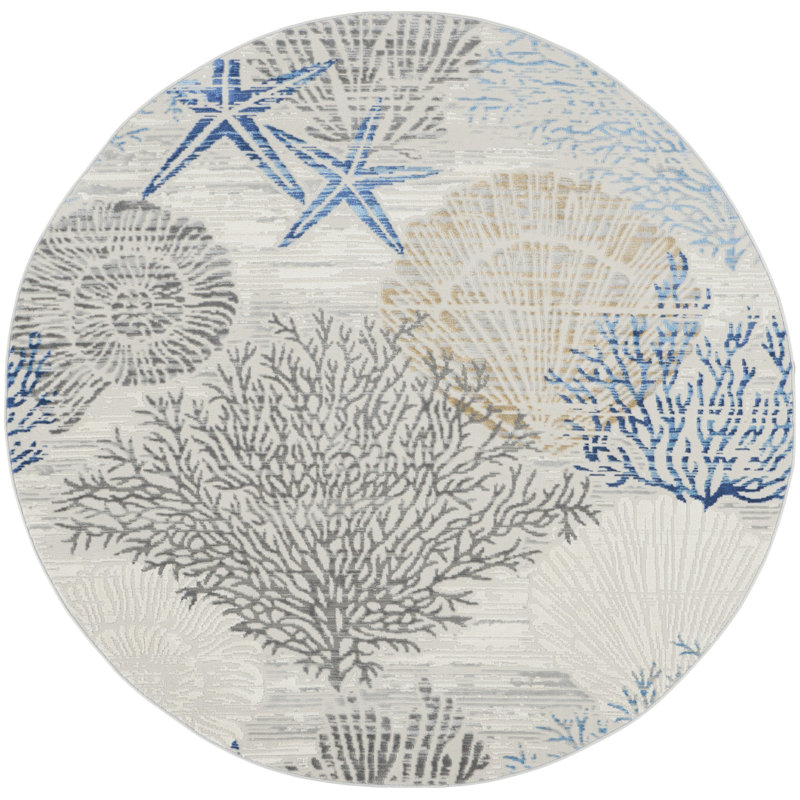 Tapis ivoire / bleu Lilyanna, Rond 5 pi 3 po
