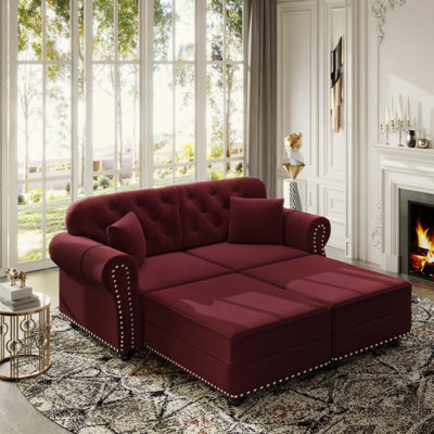 Upholstered Velvet Sofa with Nailhead Trim and Rolled Armrests,Mid-Century Modern Chesterfield Sofa with Button  Tufted,Includes 2 Pillows(2 Ottoman)