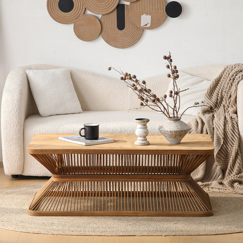 Table d'appoint rectangulaire moderne en bois avec base en bambou tissé pour le salon