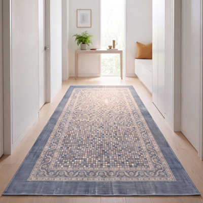 Tapis Cypress moderne à motif mosaïque mouchetée abstraite, bleu, gris, or, crème, ivoire, lavable à la machine, antidérapant, à poils courts, pour l'intérieur et l'extérieur, adapté aux animaux domestiques, idéal pour le salon, la chambre, la salle à manger, l'entrée, le couloir ou le bureau.