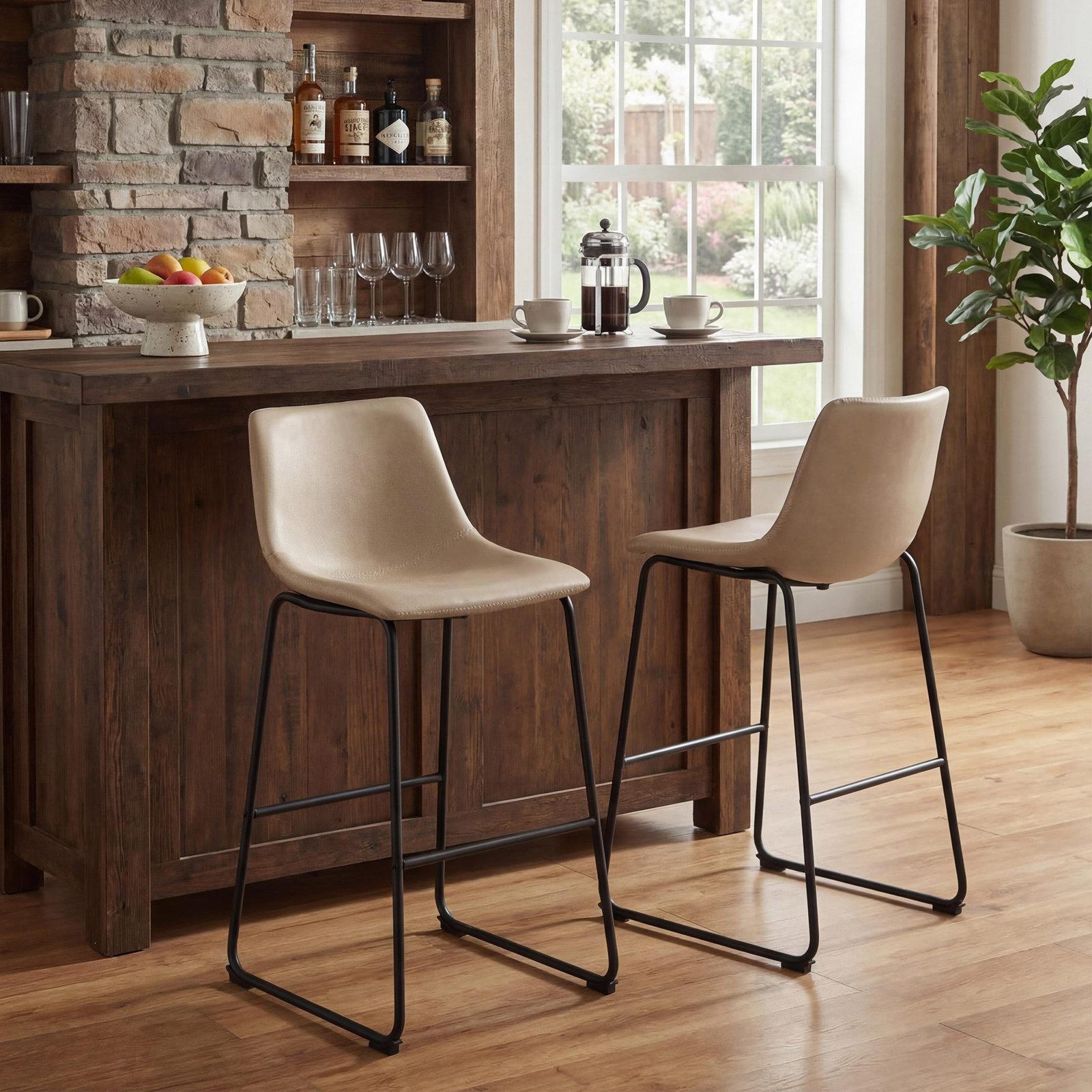 Anke Vegan Leather Armless (Set of 2), Taupe, Bar Stool (29" Seat Height)
