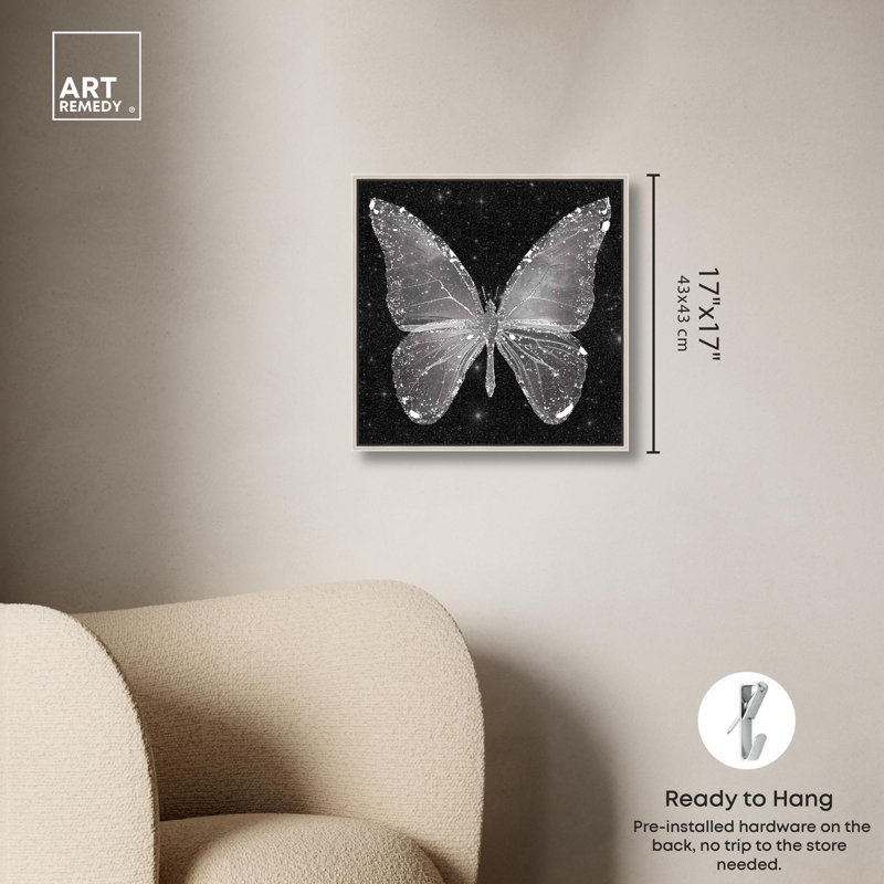«Sparkling Silver Butterfly» par Art Remedy, H 17 po x l 17 po x P 2 po, Encadrement argenté