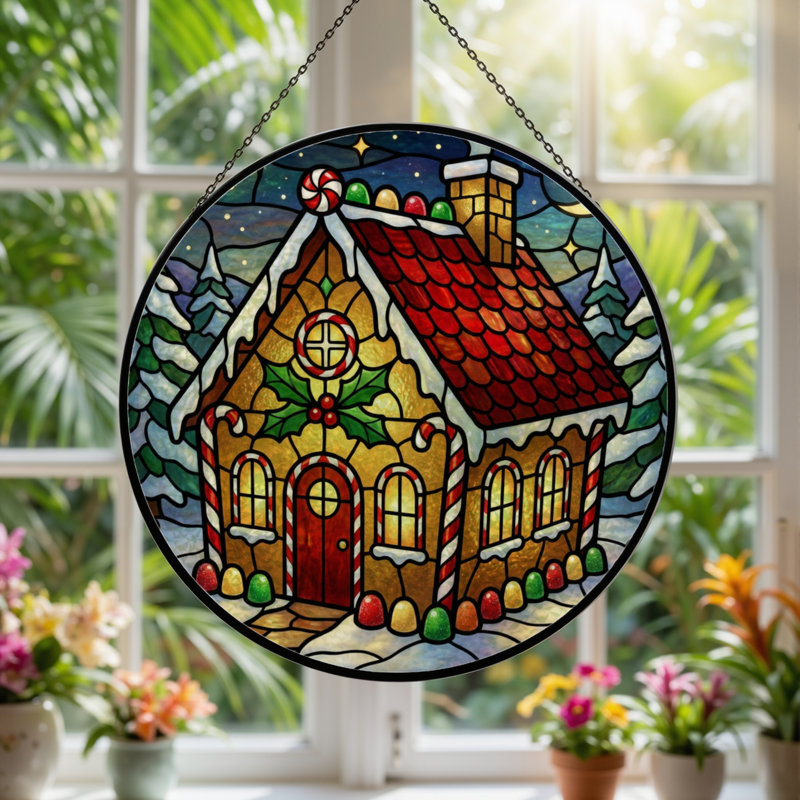 12"H Gingerbread House Stained Glass Window Panel
