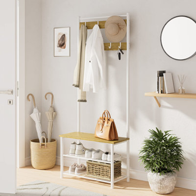 Aizah 3-In-1 Freestanding Wooden Coat Rack With Shoe Bench With Metal Frame, 3-Tier Shelf And 9 Removable Hooks, White/Walnut