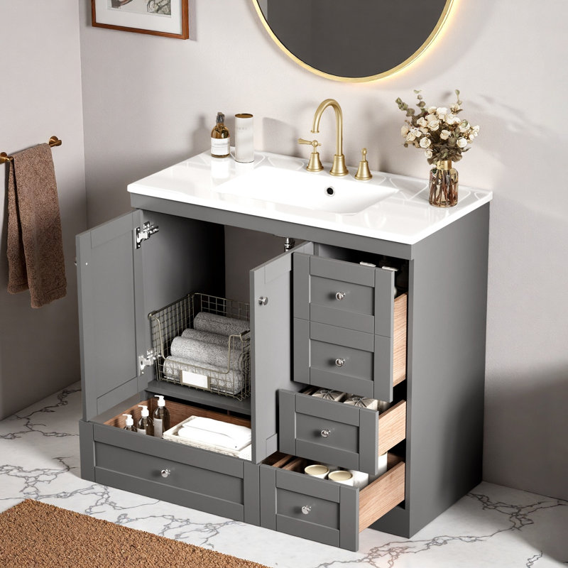 Meuble-lavabo autoportant avec lavabo en céramique, 4 tiroirs et armoire, Gris