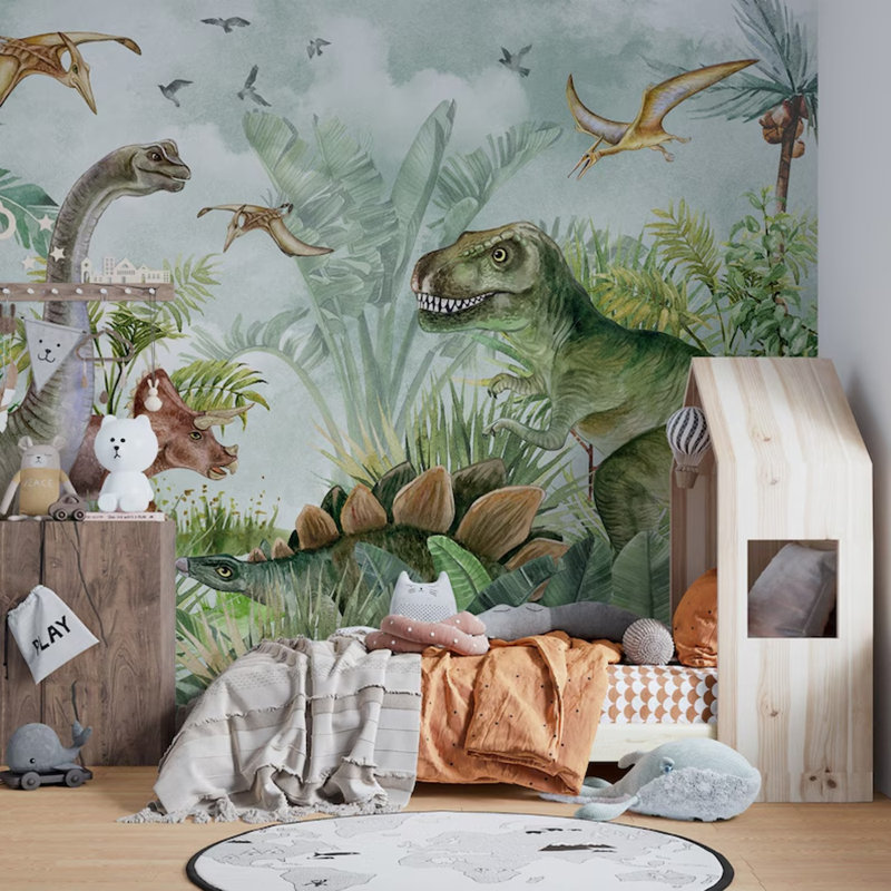 Rêves de la jungle jurassique - série de dinosaures à l'aquarelle, L 108 po x l 96 po