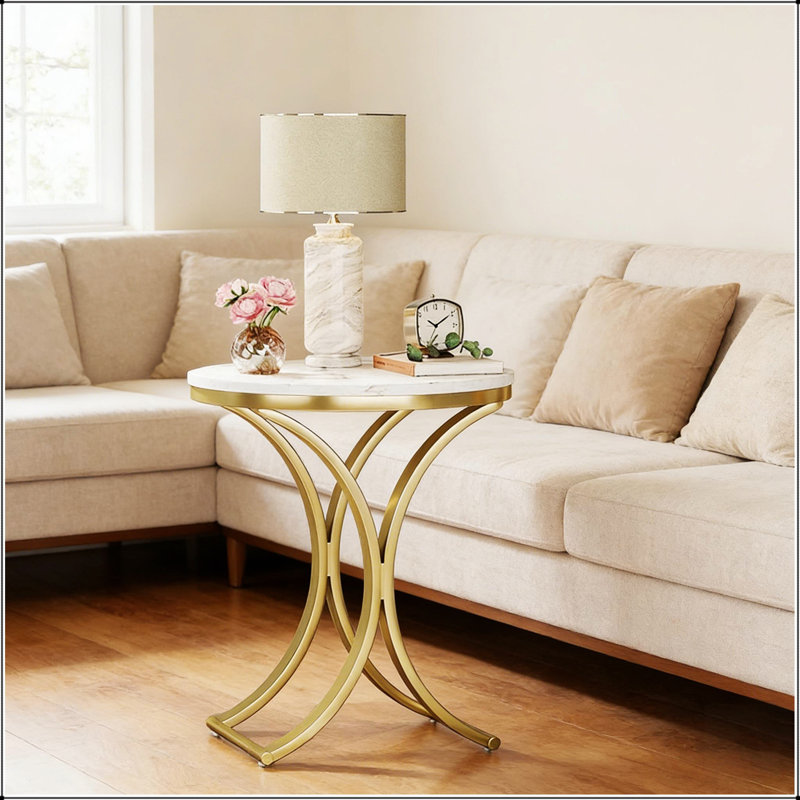 Table d'appoint polyvalente pour canapé, table basse ronde élégante, table basse étroite avec pattes en faux marbre et dorés
