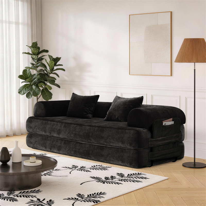 80" Corduroy Convertible Sofa Bed, Upholstered Sleeper Sofa With Pillows & Storage Pockets For Living Room, Black