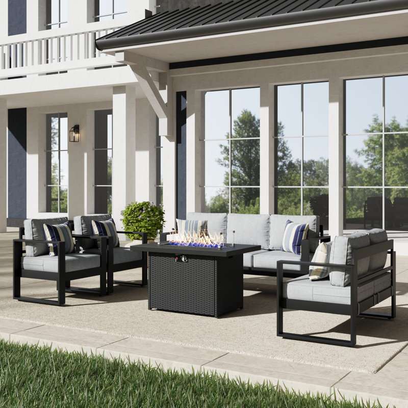 5 Piece Sofa Seating Group With Cushions, Light Grey/Black
