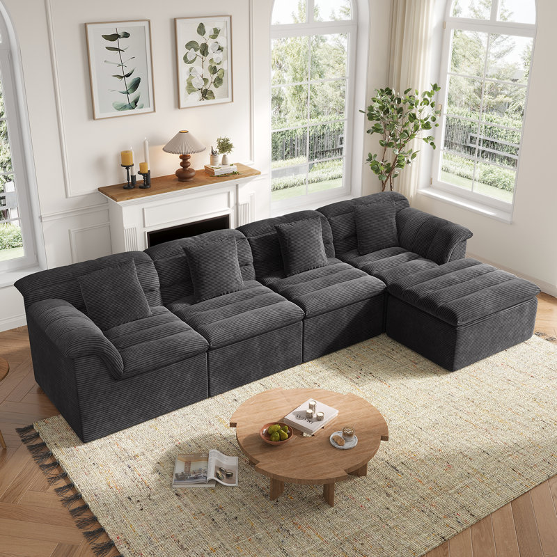111.8" Modular Cloud Sofa with Ottoman, Boneless L-Shape Couch, Comfy Corduroy Couches for Living Room, Dark Gray, Dark Gray