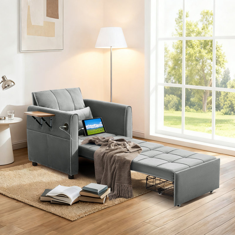 Convertible Sleeper Chair – Extra Long 90" Pull Out Chair Bed For Adults With Wing Table, USB Charging & Bottom Storage, Space-Saving 4 In 1 Single Sofa Bed Chairs For Living Room