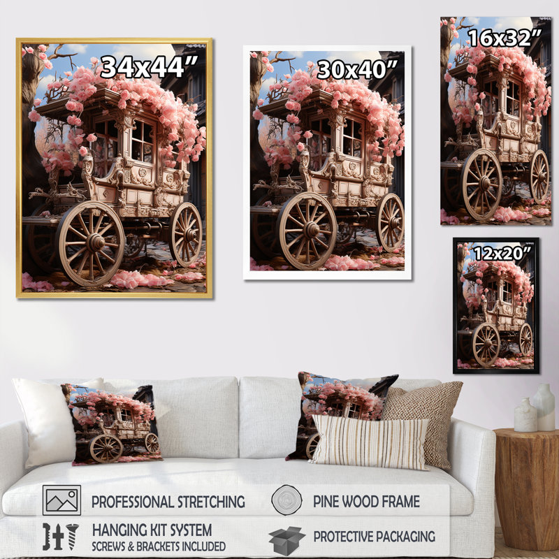 Romantisme, chariot de mariage rose I, Cadre flottant blanc, H 44 po x l 34 po