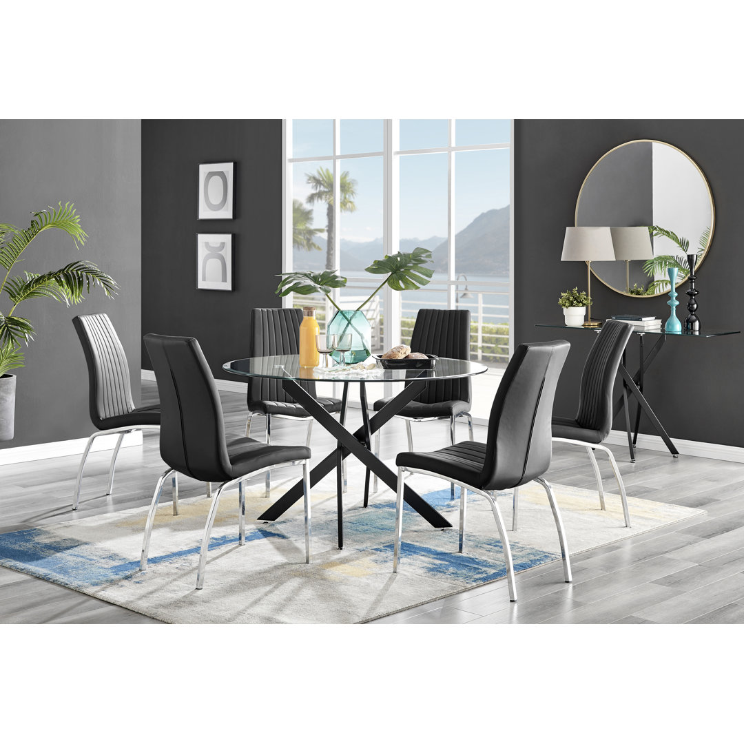 Tierra Black Metal and Glass 6 Seat Round Dining Table Set with Luxury Faux Leather Dining Chairs East Urban Home Chair 
