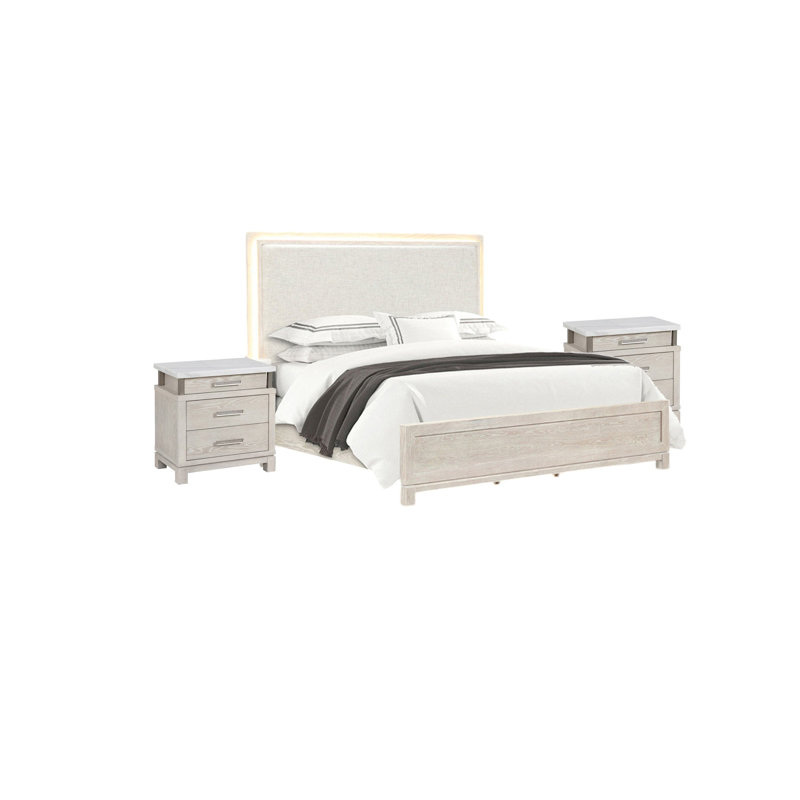 Ensemble de chambre à coucher pour très grand lit 3 pièces, gris vieilli, gris, blanc, bois argenté, 2 tables de chevet