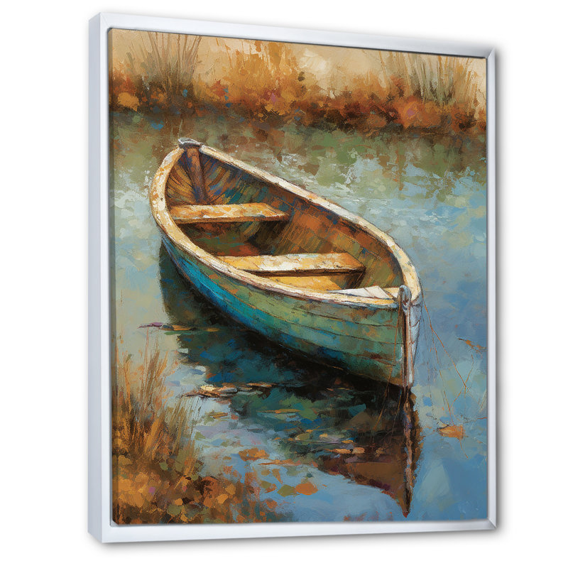 «Lake Serenity Dinghy Boat Resting On The Water I», art mural Lakehouse, H 44 po x l 34 po x P 1,5 po, Cadre flottant blanc