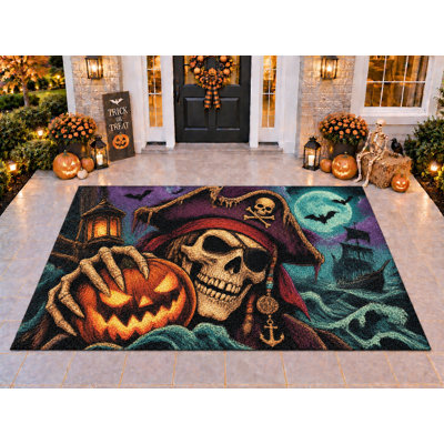 Tapis d'extérieur 5' x 7' motif citrouille et crâne d'Halloween, épais, solide, imperméable, en PVC bouclé, tapis de patio résistant, tapis intérieur/extérieur à séchage rapide pour porche, terrasse, balcon, entrée.