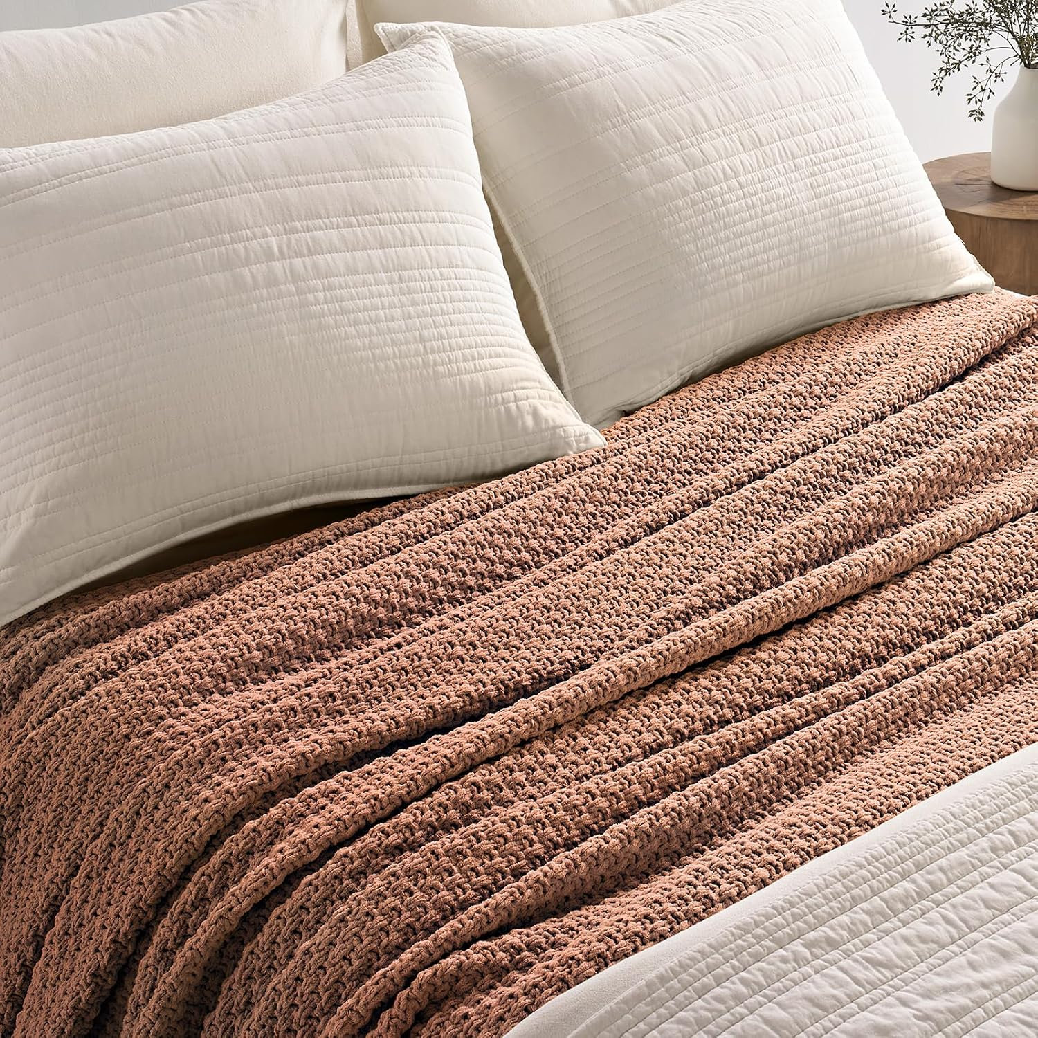 Chunky Chenille Knit Throw Blanket, 90" L x 90" W, Terracotta Clay