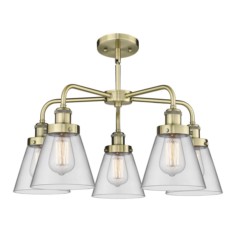 Cone 5 Light Stem Hung Chandelier, Antique Brass, Clear