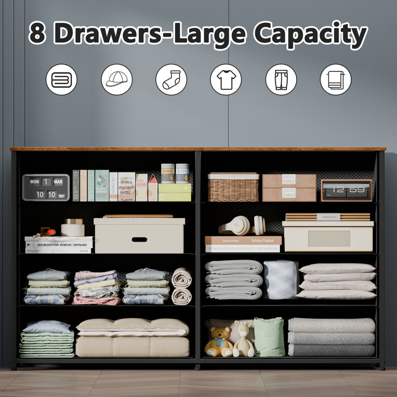 8-Drawer Fabric Dresser with Wood Top, Storage Chest, Rustic Brown