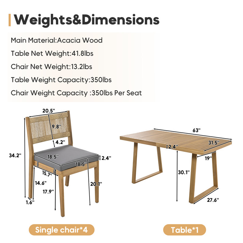 Pasiak 4 - Person Acacia Solid Wood Patio Dining Set Rectangular Table with Cushions Included, Gray