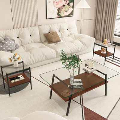 Contemporary Living Room Furniture  Coffee Table And End Tables Tempered Glass  Brown Tables Layered