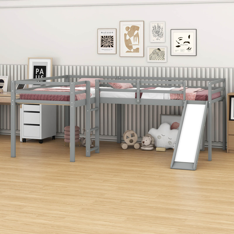 Lit mezzanine simple en forme de L avec glissade, échelle et barrière de sécurité, Gris
