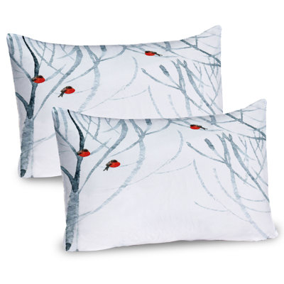 Ambesonne Black White Pillow Sham 2 Pack Woods Bullfinches Pale Grey White -  pil-2_31185_36x20