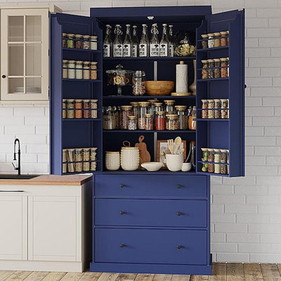 Armoire de rangement 77 po Farmhouse, armoire haute autoportante avec 3 tablettes réglables, 8 tablettes de porte, 3 tiroirs pour la cuisine, la salle à manger, bleu (SP000047)
