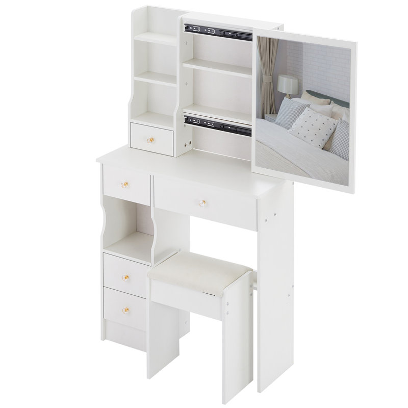 29.2-Inch Left Drawer Desktop Dressing Table + Padded Stool,Extra Large Right Sliding Mirror, White