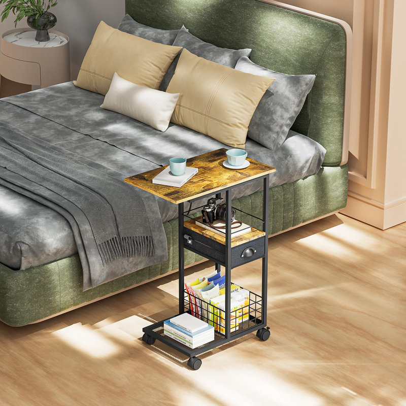 Modern 3 Tier End Table Rack Side Table Cart With 360 Rolling Wheels & Drawer