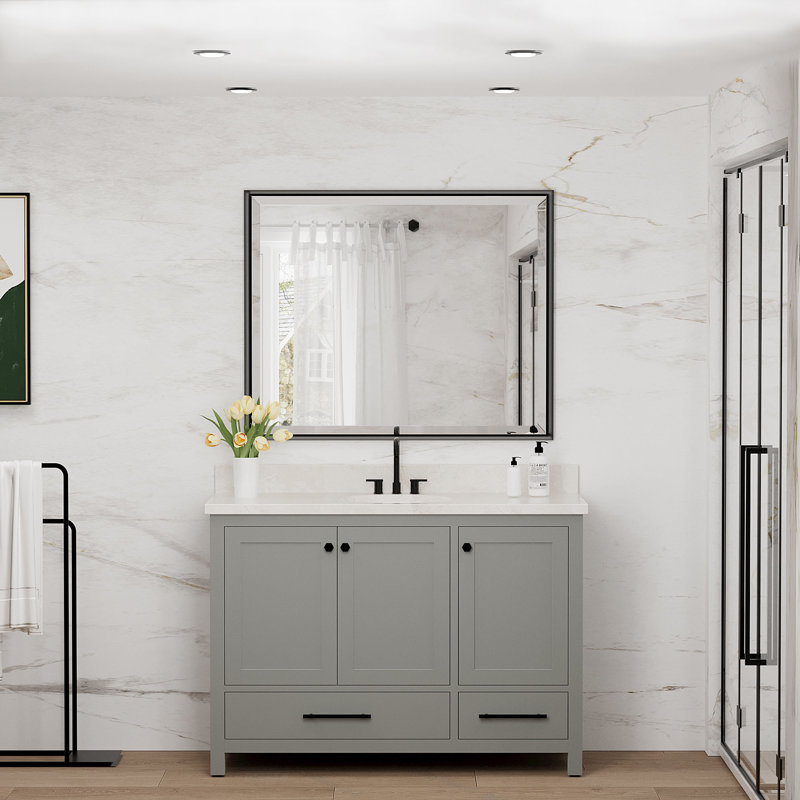 Beveled Design Rectangle Framed Bathroom Vanity Wall Mirror in Matte Black, 32" x 40"