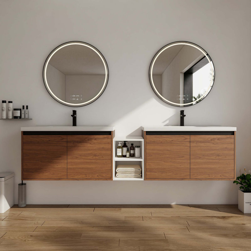 Meuble-lavabo mural modulaire avec lavabo en résine et tablettes de rangement, portes à fermeture douce, 83" W