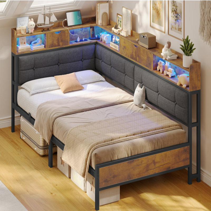 Storage Day Bed Linen Corner Bed with LED Light & Charging Station No Mattress, Single-90x190cm, Grey