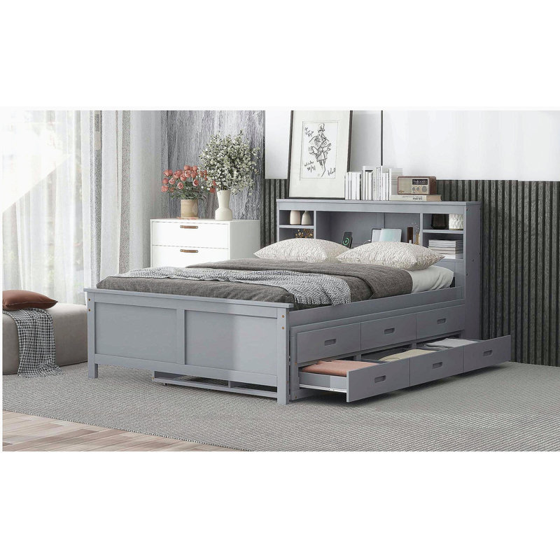 Lit plateforme double avec tête de lit à rangement, USB, lit gigogne simple et 3 tiroirs, gris, Full / Double, Grey