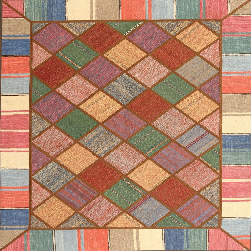 Tapis géométrique brun clair / bleu / brun, Carré 6 pi