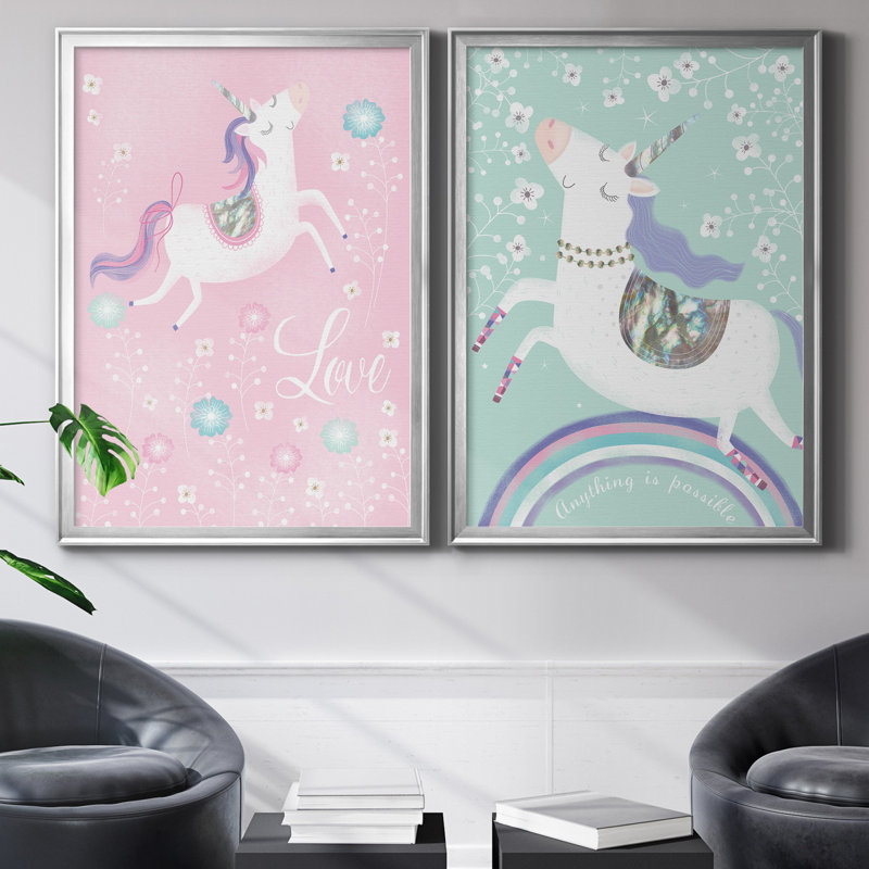«Love Unicorn», ensemble de 2 impressions, Pas de tapis, Toile encadrée argentée, H 26,5 po x l 73 po x P 3 po